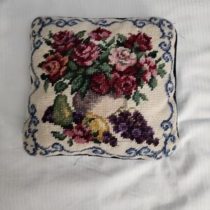 Elegant Floral Needlepoint Pillow with Blue Accents